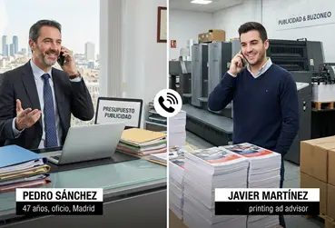 empresarios de Barcelona hablando por teléfono sobre buzoneo y publicidad